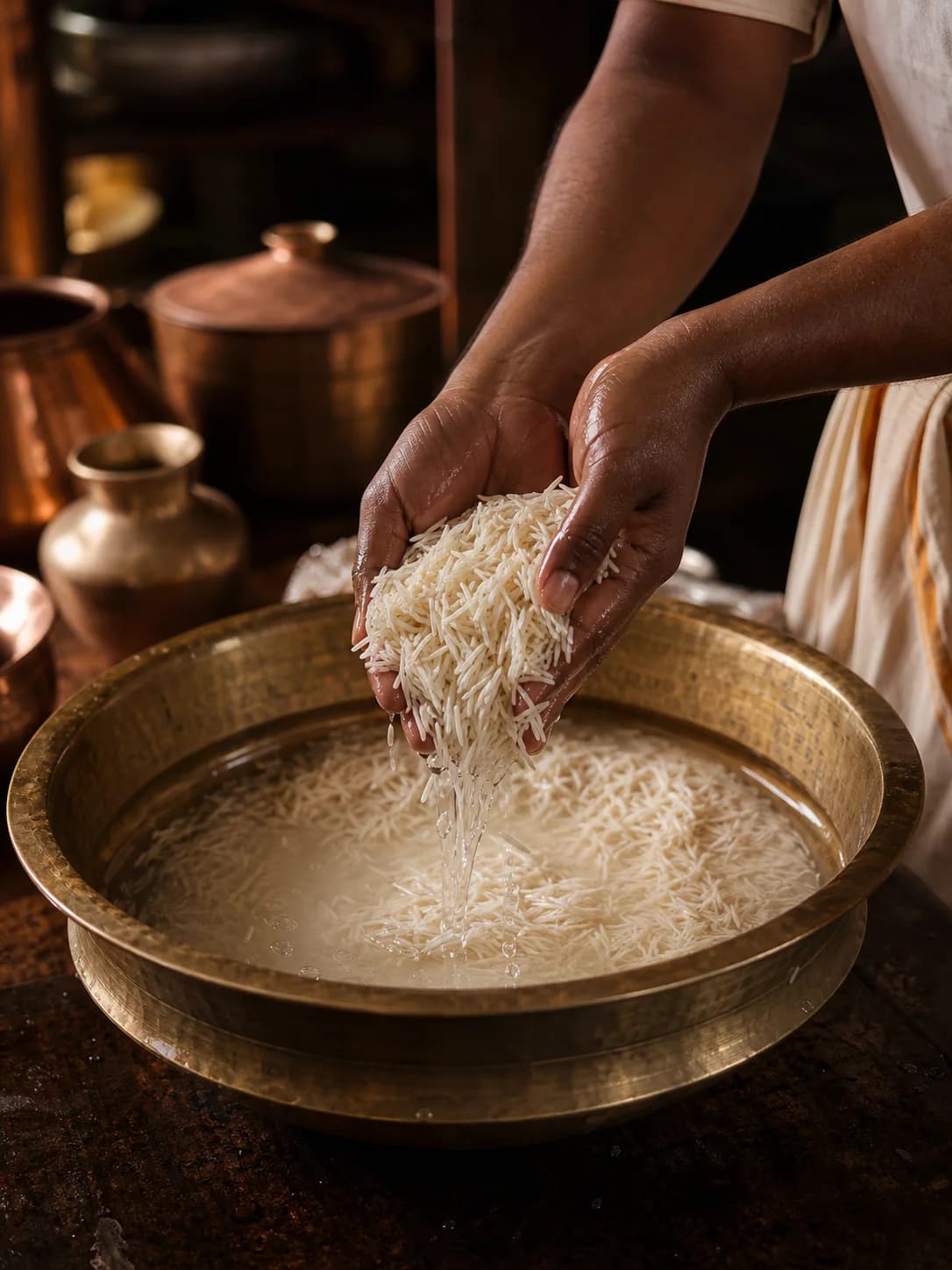 Premium long-grain basmati rice being rinsed by hand in a brass bowl