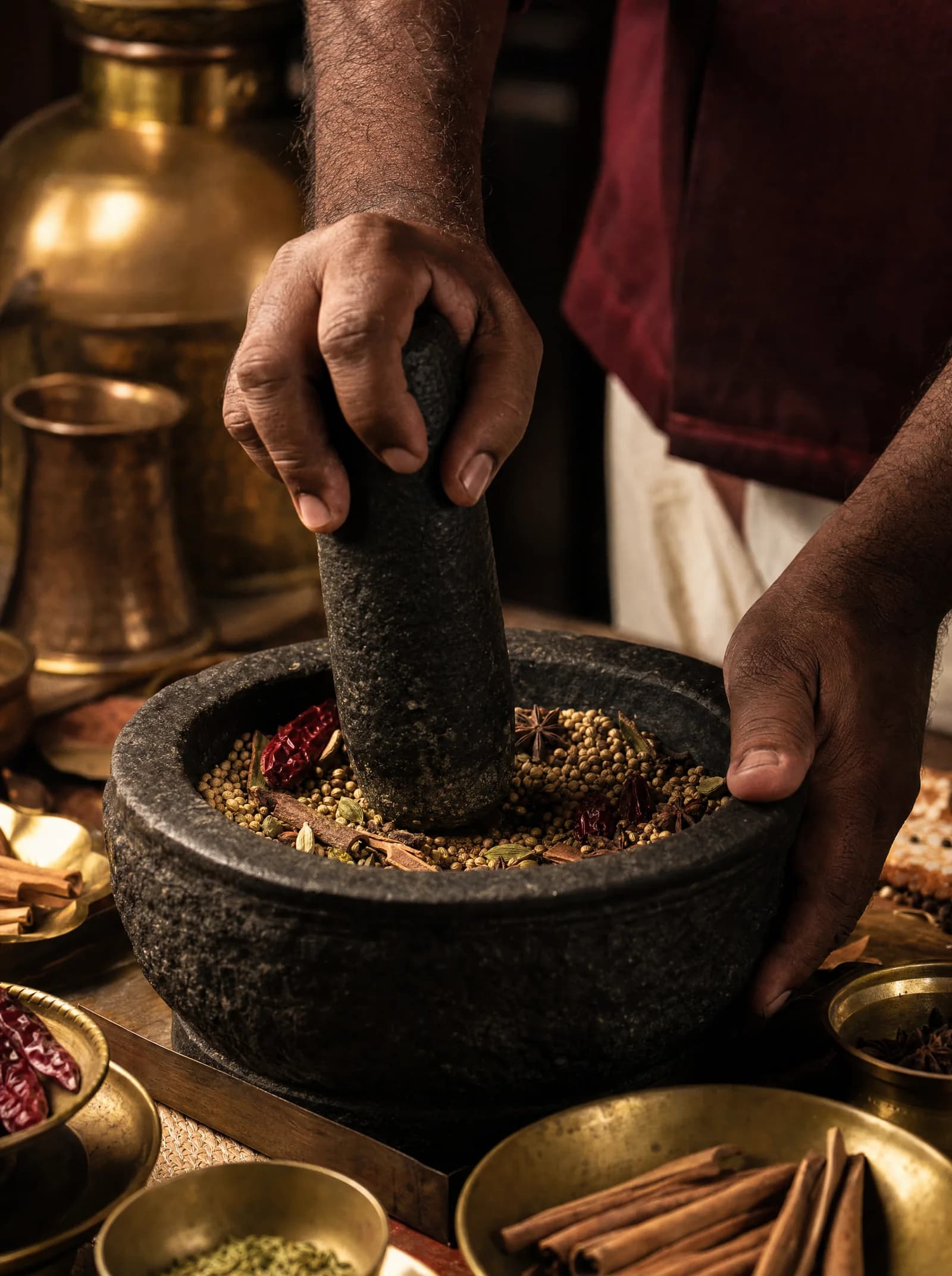 A cook grinding whole spices by hand in a stone mortar